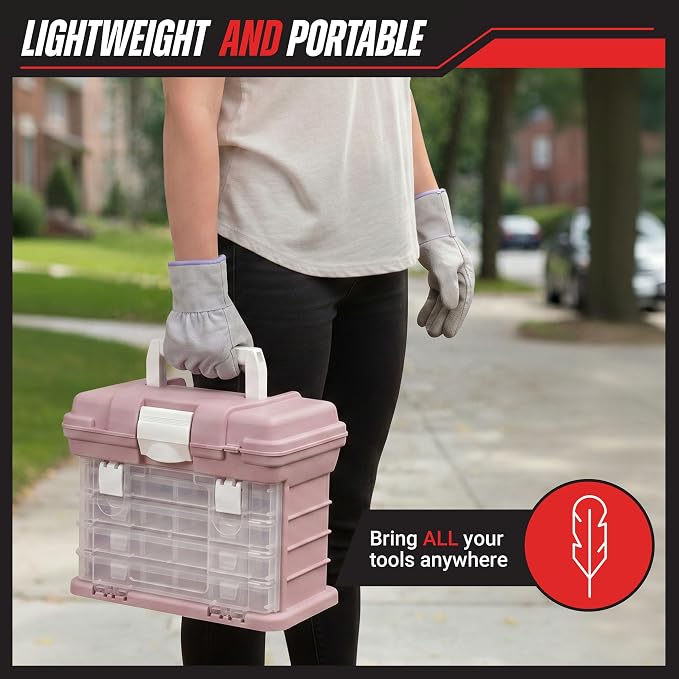 Stalwart Portable Tool Box for Women or Men, Pink | Small Parts Organizer with Drawers and Customizable Compartments for Hardware, Fishing Tackle Box, Beads or Crafting Supplies