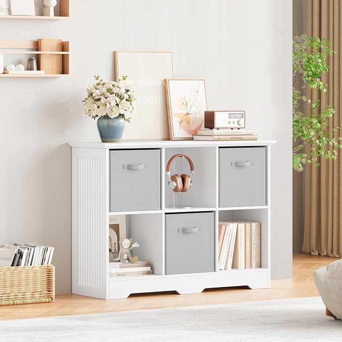 6 Cube Storage Organizer Shelf, Wood Cubby Storage with 3 Fabric Drawers | 2 Tier Wooden Bookshelf with 2 Adjustable Shelves, Fluted Side Panels Bookcase for Bedroom, Living Room, Home Office, White