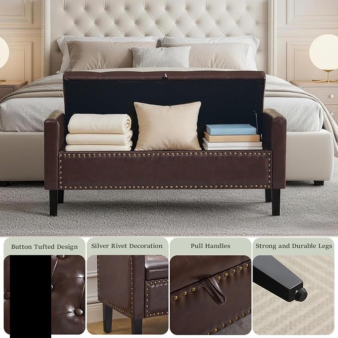 47'' Leather Storage Ottoman Bench, End of Bed Storage Bench with Wooden Legs, Upholstered Tufted Ottoman with Storage for Bedroom, Living Room, Entryway, Dark Brown