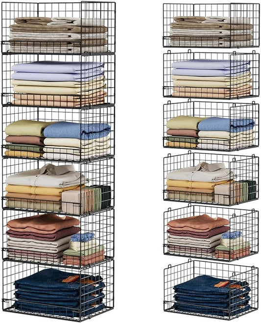 Yociyoga 6-Tier Stackable Closet Organizers and Storage Shelves, Closet Shelf Organizer Basket Bins, Foldable Sweater Storage for Clothes Organizer System, Black（Patent No. 30022416）