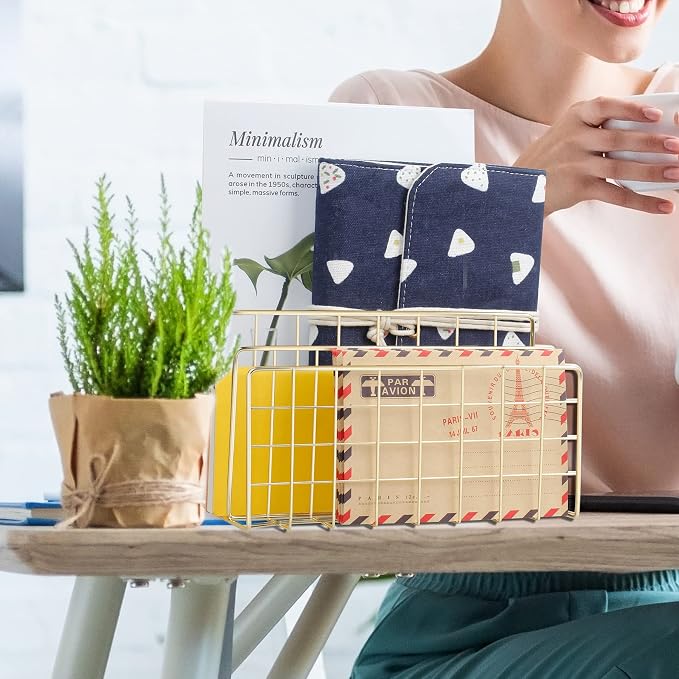 Desktop Mail Organizer File Organizer for Letters 3 Slot, Gold | Metal Wire Mail Sorter Letter Organizer Magazine Rack for Mails, Books, Postcards, Brochures, Mail Holder