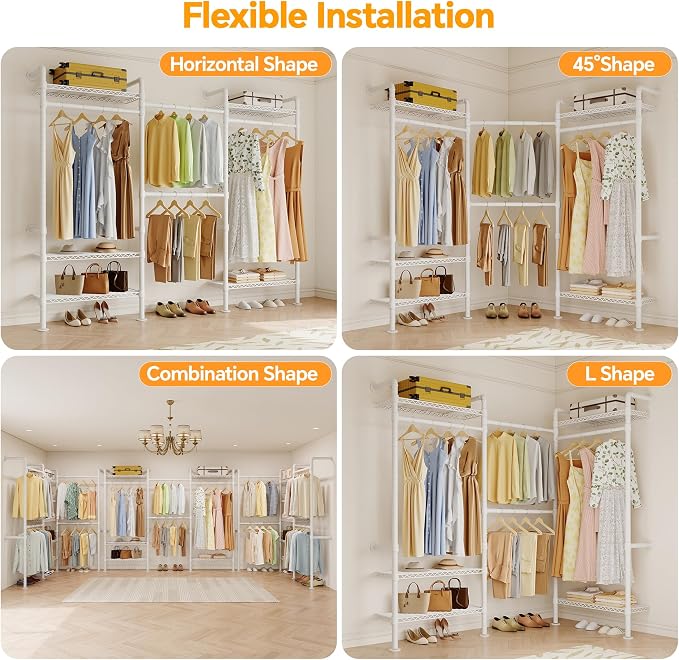 Higeego W3 Wall Mounted Clothes Rack, Industrial Pipe Clothing Rack, White | Wall Mounted Closet Organizer, Expandable Hanger Rods, Adjustable Closet Shelving, Heavy Duty Closet Rack