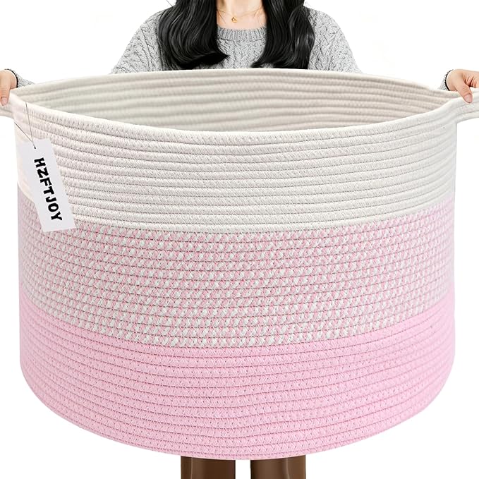 65L Large Blanket Basket,Woven Rope Laundry Basket-Mixed Pink | Collapsible, reinforced handles, nursery storage bin organizes clothes, toys and pillows for living room, bedroom bathroom