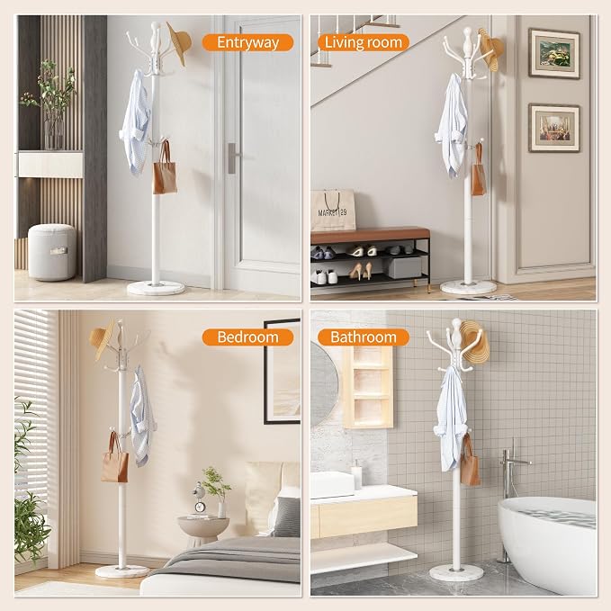 Metal Coat Rack Stand Coat Rack Freestanding with 360° Rotary,White | Modern Coat Rack with 360° Rotary Design Sturdy Heavy Duty Hall Tree Hats Hanger Holder Stand 14 Hooks for Hallway Office