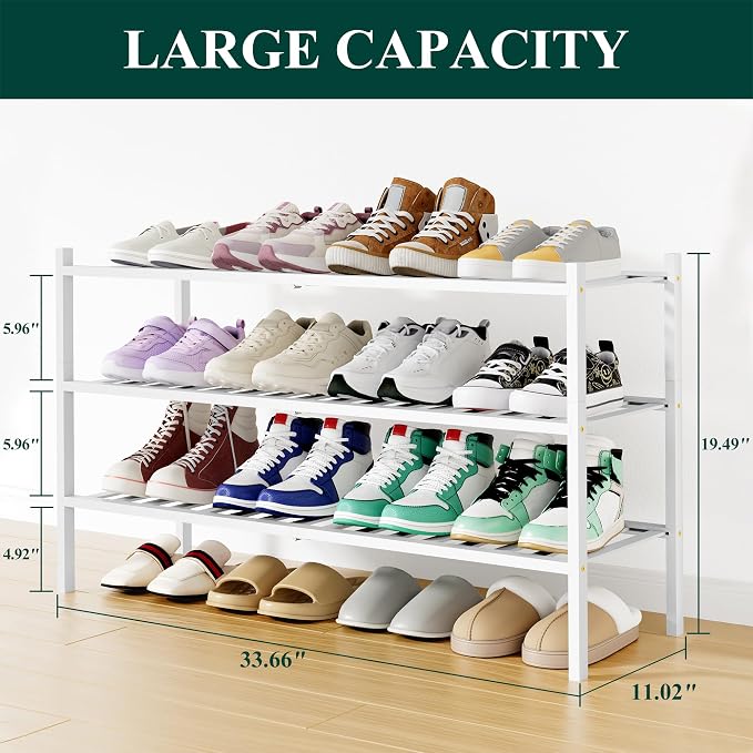 Smiry Bamboo Shoe Rack, 12 Vertical Slats, 3 Tier - 33.7" Wide, White | Stackable Free Standing Wooden Shoe Organizer, Wood Shoe Storage Shelf for Closet, Entryway