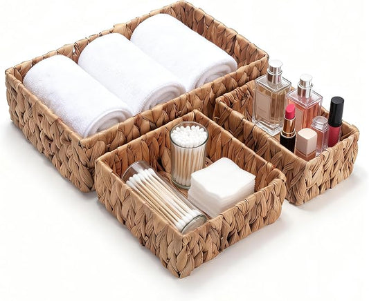 3 Pack Wicker Storage Basket, Natural Woven Water Hyacinth Storage Basket for Shelf Organizing