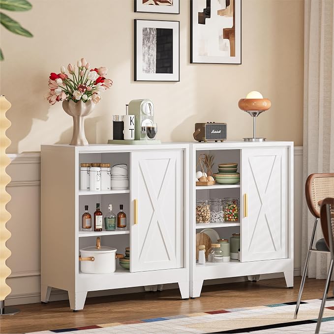 COFaR White 37" H Sliding Door Storage Cabinet, Half Open Half Closed Design, 3-Tier Kitchen Organizer with Adjustable Shelves, 150 lbs Top, Metal Coffee Bar & Buffet Sideboard for Dining Room