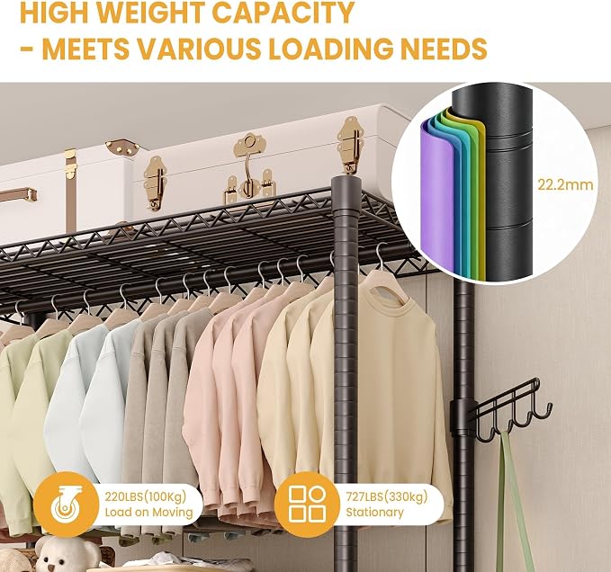 3 Tier Clothes Rack 727LBS Load Wardrobe Closet with Wheels & Adjustable Shelves & 2 Hanging Rod for Hanging Clothes 79.7" H x 45.2" W x 15.8" D Black