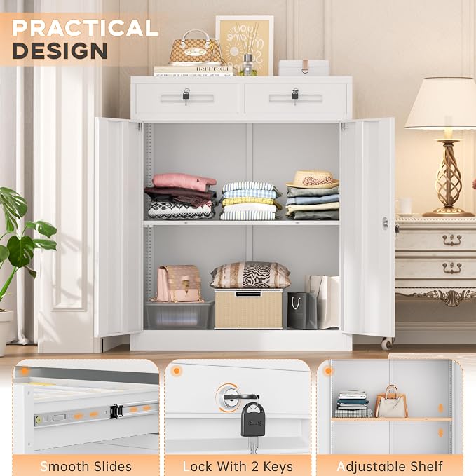 INTERGREAT Metal Garage Storage Cabinets with Lock,Steel Storage Cabinet with Drawer and 2 Adjustable Shelves, Small Lockable Office Steel Cabinet for Home, Warehouse, School, White