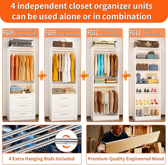 Closet System Set of 4, 8-21FT Closet System with 6 Drawers, 8 Shelves & 8 Hanging Rods, Custom Walk in Closet Organizer System Adjustable, Max 252“ Modular Closet Storage System Wood, White