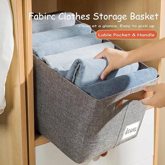 AARAINBOW Linen Closet Organizer Storage Bin with Steel Frame, Stackable Fabric Jeans Baskets for Shelves, 4 Packs Foldable Wardrobe Clothes Box for Sweater Pants Towel Shirt Storage, 23L Gray