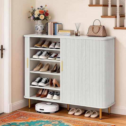DHH Shoe Storage Cabinet with Sliding Door, 6-Tier Shoe Cabinet with Adjustable Shelves, Modern Freestanding Shoe Storage Organizer for Entryway, Hallway, Living Room (Washed Grey, 47 ")