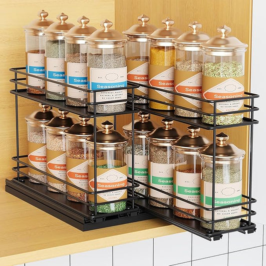 Mystozer Pull Out Spice Rack Organizer for Cabinet, Slide Out Spice Racks, Easy to Install, 7.08" Wx10.43 Dx8.26 H, 2 Drawers 2 Tiers(Black)