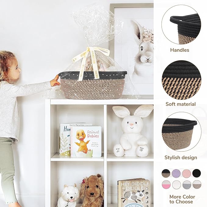 CHICVITA Small Wicker Basket with Bags & Ribbon for Gifts, Black & Jute | 12"x 8"x 5" Gift Basket Empty to Fill for Toys Snacks, Rope Baskets for Storage, Cute Basket for Dogs Cats
