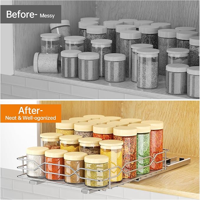 Pull Out Spice Rack Organizer for Cabinet, Chrome, 8.5"W x 10.5"D x 2.5"H | Slide Out Design, No Drill Asembly, Fits Spices, Bottles & Jars, Ideal For Narrow Kitchen Cabinets & Pantry