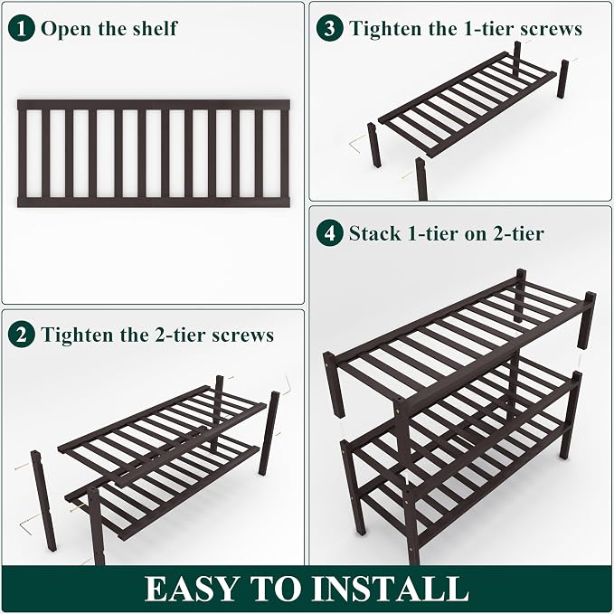 Smiry Bamboo Shoe Rack, 12 Vertical Slats, 3 Tier - 26.8" Wide, Brown | Stackable Free Standing Wooden Shoe Organizer, Wood Shoe Storage Shelf for Closet, Entryway