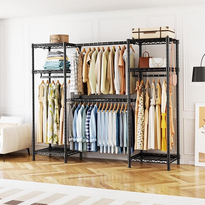 Ulif E7 Garment Rack, Heavy Duty Clothes Storage System with Extendable Hangers Rods, Metal Clothe Rack with 6 Wire Shelves, (52.3"-72") W x 14.5" D x 71.2" H, Load 838 LBS | Metal Clothing Rack with 6 Wire Shelves, Freestanding Portable Closet Wardrob...