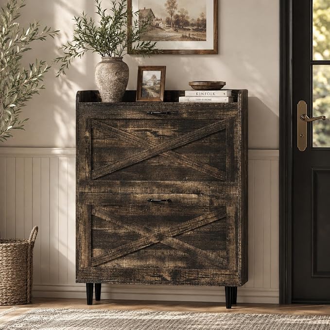 VINGLI Shoe Storage Cabinet for Entryway with 2 Flip Drawers, Ultra Slim Freestanding Entryway Shoe Organizer with Wood Tapered Legs,Hidden Closed Shoe Rack,31.6"W * 9.4"D * 39.4"H, Dark Rustic Oak