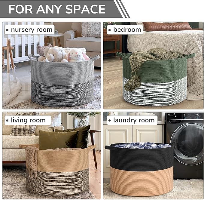 INDRESSME 115L Extra Large Woven Rope Blanket Basket Living Room, Grey | 23.6" x 15.7" Storage baskets for toys laundry & pillows. Fits living room, bedroom or nursery décor. Soft-touch with handles