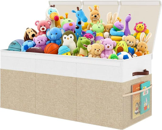 150L Extra Large Toy Storage Box with Lid for Boys Girls Nursery Playroom | Collapsible with Lid, Removable Divider, 40"x14"x16", Side Pockets, For Nursery, Living Room, Playroom