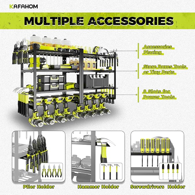 Power Tool Organizer, 8 Drill Holder Wall Mount, 4 Layers Garage Tool Organizers and Storage Rack, Tool Shelf with Screwdriver/Plier/Hammer Holder