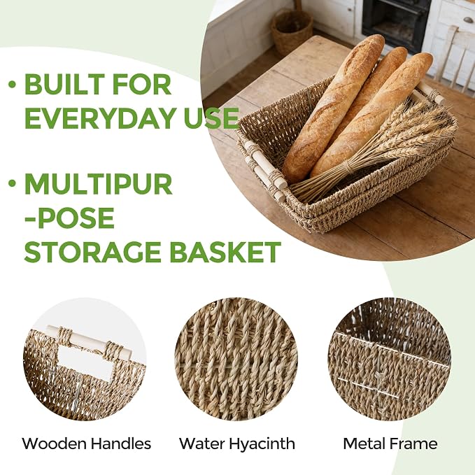 Wicker Baskets with Wooden Handles, Large Seagrass Storage Baskets | 2 Pack, Natural Seagrass Woven Basket for Organizing Shelves, Handwoven Gift Baskets Empty for Snack Display Home Decor