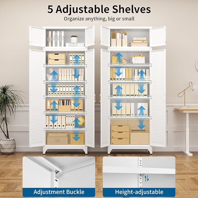 90" Tall Metal Kitchen Pantry Storage Cabinet with Doors | White Freestanding Heavy Duty Steel Cupboard, 5 Adjustable Shelves,Extra Large Organizer for Home and Garage (2 Boxes)