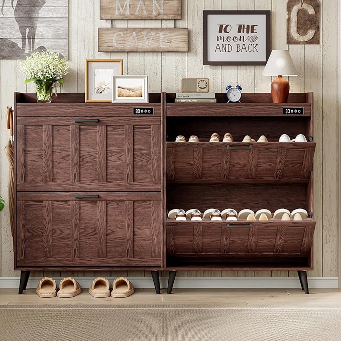 ChooChoo Shoe Storage Cabinet with 2 Flip Drawers and Deodorizer | Shoe Organizer Storage for Entryway, Freestanding Hidden Slim Narrow Shoe Rack Cabinet, Walnut