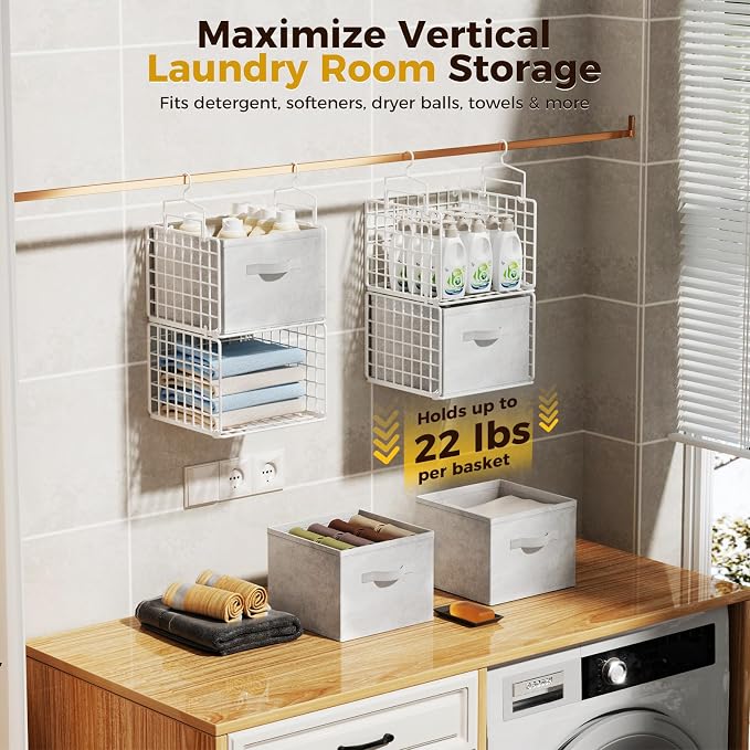 4 Tier Hanging Closet Organizer with 4 Drawers, White | Metal Hanging Shelves with 4 Hanging Hooks for Wardrobe Laundry Garage, No Sagging, Modular Design, Space Saving