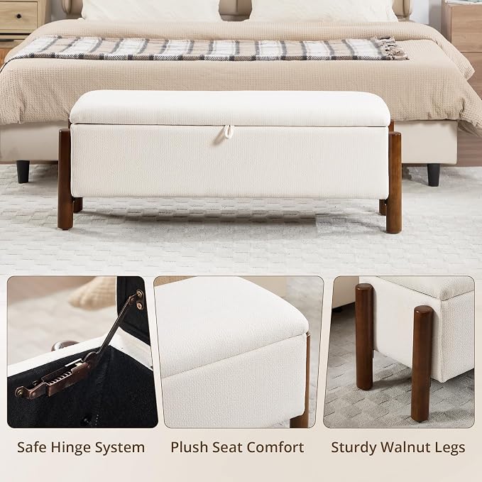 47'' Modern Storage Ottoman Benches with Walnut Wood Legs Ottoman Bench with 22 Gallons Storage Space Fabric Upholstered Seating End of Bed Bench for Bedroom for Livingroom White