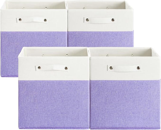 FinishingBo 13x13x13 Storage Cube Bins 4 Pack, Cube Shelf Baskets | Foldable Storage Cubes, Linen Storage Bins with Handles, Closet Organizers, White/Purple