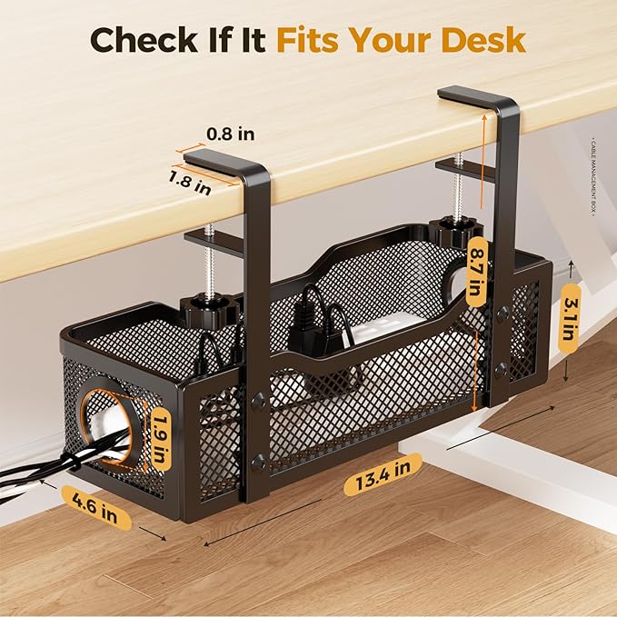 Under Desk Cable Management Tray Black, Cinati Wire Organizers No Drill, Cable Tray with Clamp for Wire Management, Cord Organization Box for Office, Home - No Damage to Desk
