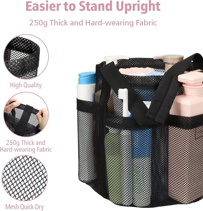 Mesh Shower Caddy Portable - 7 Pockets Large Shower Bag for Dorm, Camping | S-Hook, Quick-Dry, Hanging Toiletry Organizer, College Dorm Room Essentials for Girls, Gym, Travel & Bathroom, Black
