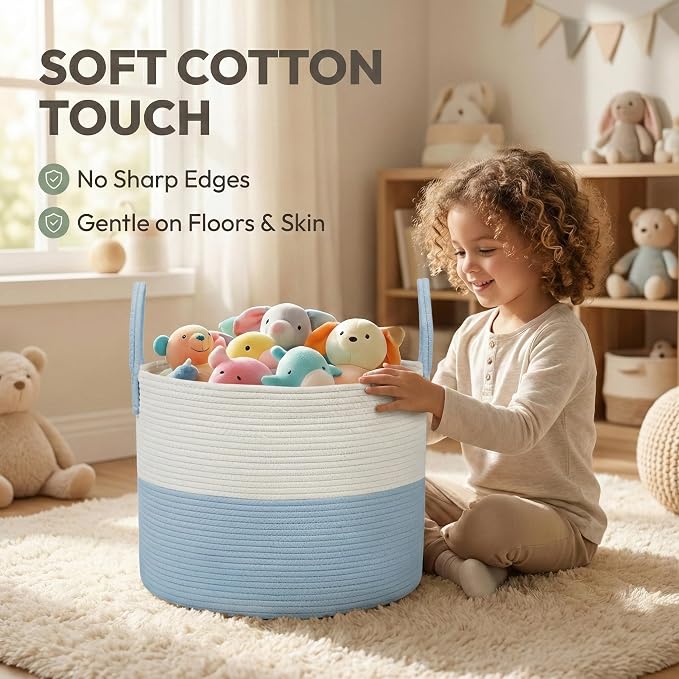 JMvicyroam 115L Extra Large Machine Washable Cotton Rope Blanket Basket | Collapsible laundry hamper, Reinforced handles, For blankets, pillows, toys and clothes, Living room and bedroom, White&Blue