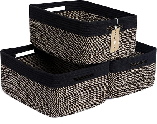 MiniArk Large Storage Baskets for Shelves, 17 x 13 x 7.5” Closet Organizers Bins for Clothes Blanket Towels, Baby Nursery, Toy Baskets Box, Woven Rope Baskets, 3 Packs Woven Brown