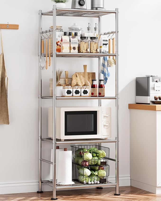 Sakugi Storage Shelves - 5-Tier Large Capacity Shelf Organizer with Hooks, Heavy-Duty Garage Shelving with Leveling Feet, Wobble-Free Rack for Bedroom, Balcony, Garage, 18.1"×12.4"×56.8", Silver