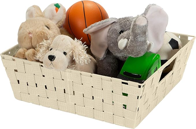Simplify Large Shelf Woven Strap Tote | Decorative Storage Basket | Built in Handles | Organization | Closet | Bedroom | Bathroom | Nursery | Accessories | Toys | Gifts | 2 Pack | Ivory