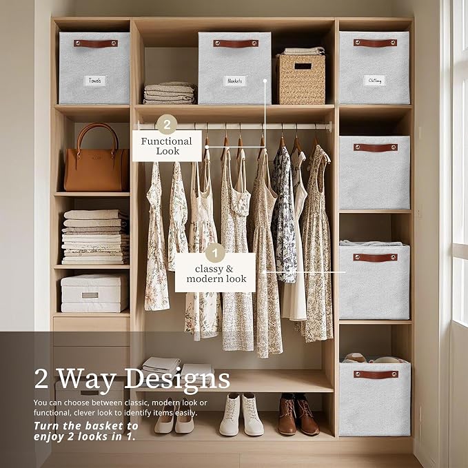 DECOMOMO Storage Bins, Cube Storage Bin with Labels | 10.5" x 11" Fabric Storage Cubes for Shelves (6pcs, Light Texture Grey)