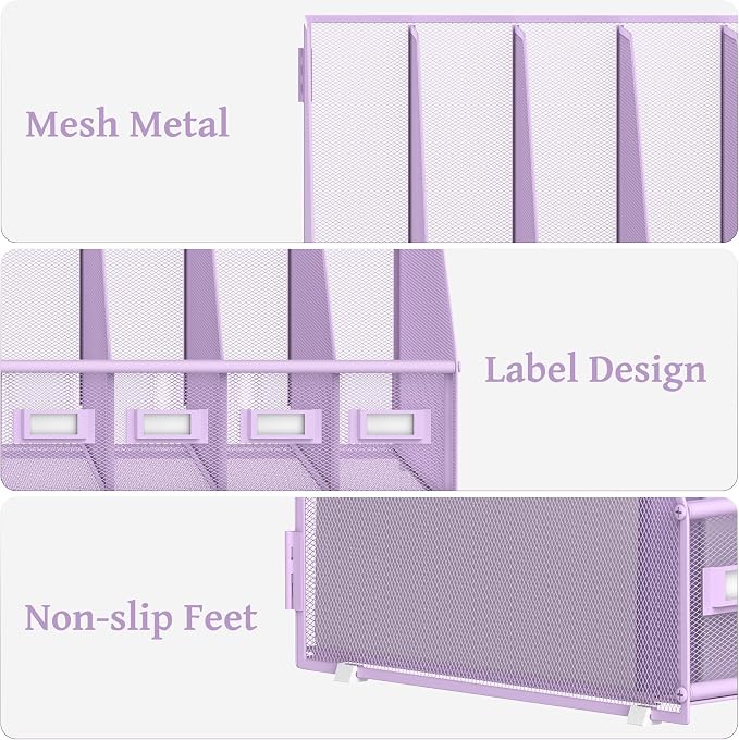 SUPEASY Desk Organizers Metal Desk Magazine File Holder with 5 Vertical Compartments Rack File Organizer for Office Desktop, Classroom, Home Workspace, Purple