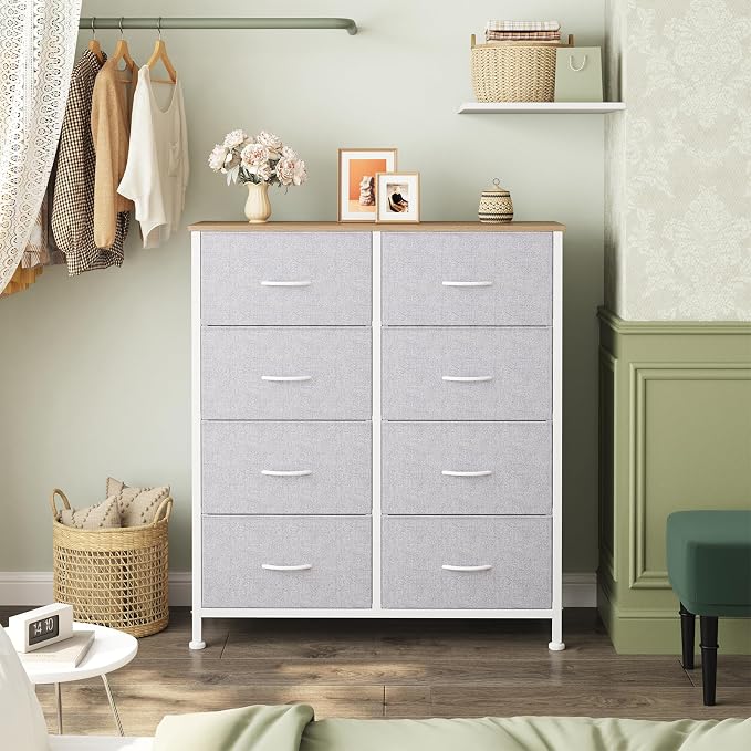 OLIXIS 8 Drawer Storage Dresser for Bedroom, Closet Organizers Units | Fabric Dresser with Wooden Top, Chest of Drawers Clothes Storage, Tower Cabinet, TV Stand Furniture, Light Grey