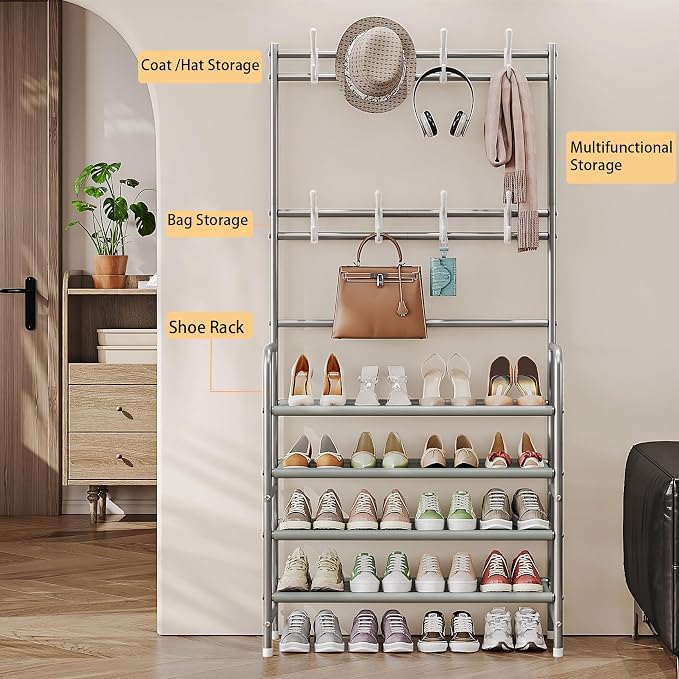 Coat Rack Shoe Rack With Storage Hooks Standing Organizer 4 Tier | Metal Freestanding Hall Tree for Clothes Hats bag Scarves Space Saving Design for Entryway Bedroom living Closet Office,Grey