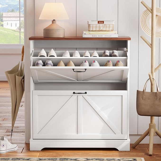 Semiocthome Farmhouse Shoe Storage Cabinet with 2 Flip Drawers, 31.5"(W) Freestanding Shoe Organizer with Barn Door and Metal Handles for Entryway, Rustic Narrow Slim Shoe Rack Cabinet - White