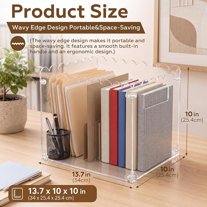 Clear Acrylic File Organizer Box with Scalloped Edge Design ＆ Handles, Large Capacity Hanging File Box for Letter/a4 Size Documents, Folders, Magazines, Home Office Decor, 13.7x10x10 in