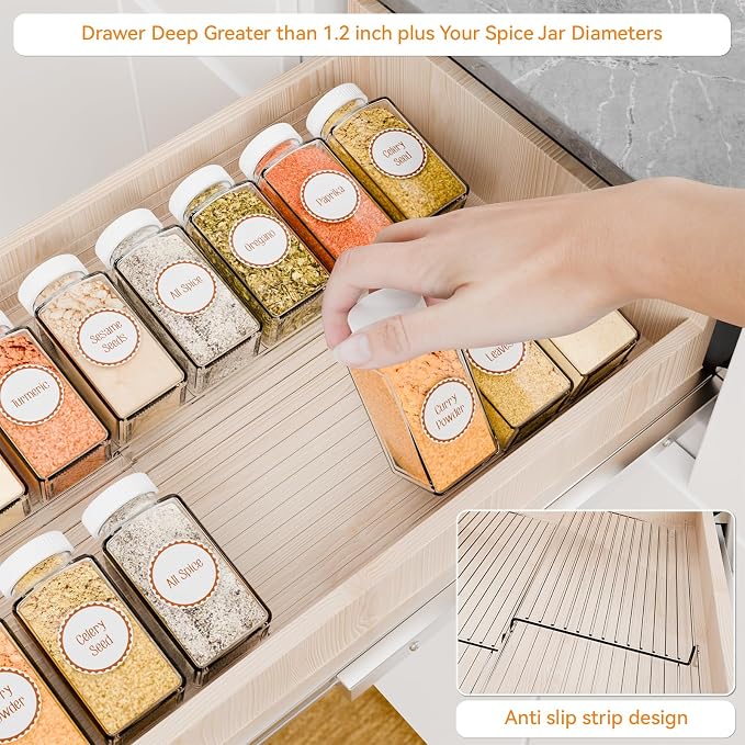 8 Pack Adjustable Narrow In Drawer Spice Organizer - Expandable From 9'' to 17.7'' - Acrylic Drawer Seasoning Organizer,Clear Spice Drawer Insert Tray for Drawers Condiment,Jar Organization