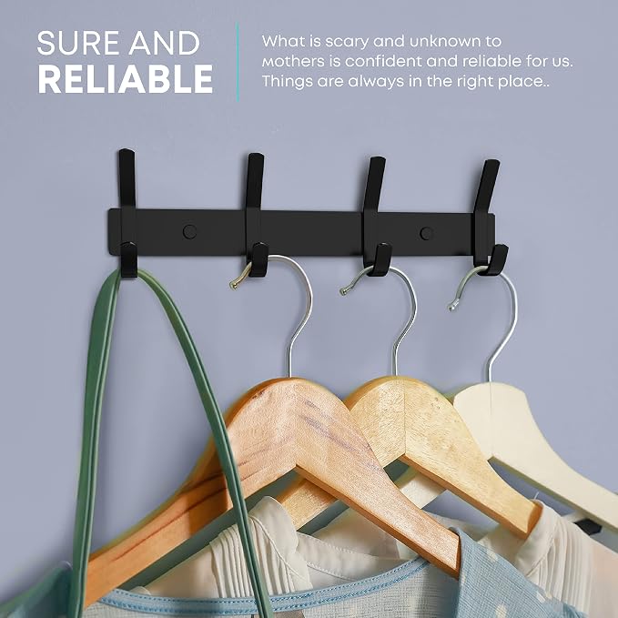 Coat Rack Wall Mount – 12 Inch Stainless Steel Hook Rail with 4 Double Coat Hooks for Hanging – Wall Mounted Entryway Organizer for Coats, Hats, Bags, Towels, Robes, or Bathroom - Black 2 Pack