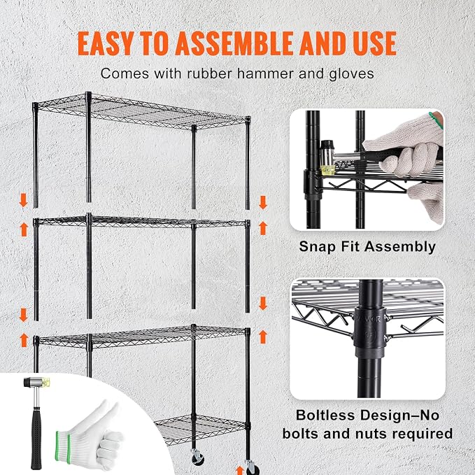 VEVOR Storage Shelving Unit, 4-Tier Adjustable Storage Shelves, 48" L x 18" W x 74" H Garage Storage Shelves, Metal Shelves with Wheels for Kitchen Pantry Basement Bathroom Laundry