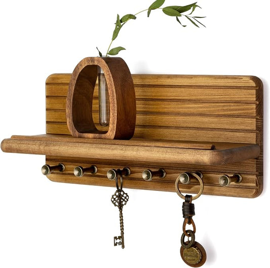 Rebee Vision Key Holder Wall Mount with 6 Hooks for Entryway, Light Brown | Pine Wood, Key Holder for Wall, Floating Shelf, Mail Organizer, Plant Display, Apartment Essential, Decorative Room Accent