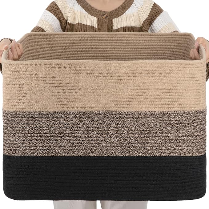 OIAHOMY 108L Large Cotton Rope Basket, Rectangle Woven Baskets for Storage, Nursery Blanket Storage Living Room, Toy Basket With Handle-25”x16”x16”-Yellow Black
