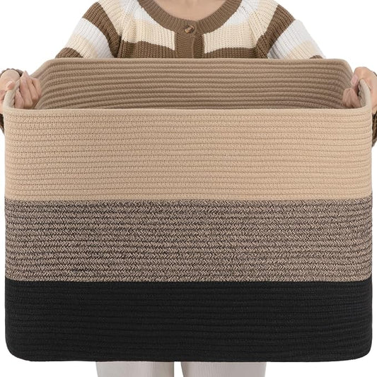 OIAHOMY 108L Large Cotton Rope Basket, Rectangle Woven Baskets for Storage, Nursery Blanket Storage Living Room, Toy Basket With Handle-25”x16”x16”-Yellow Black