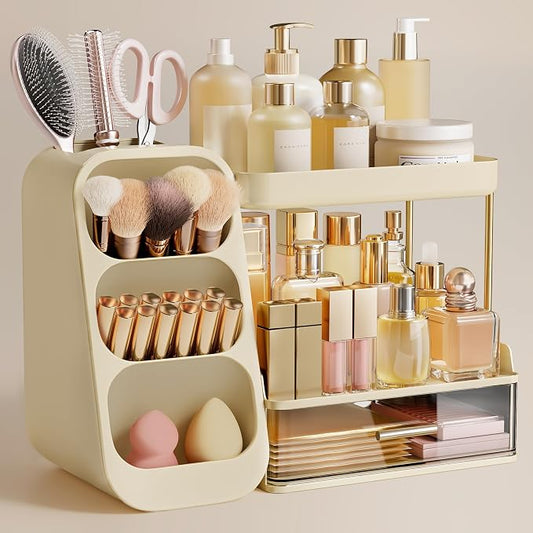 HBlife Bathroom Organizers and Storage with Brush Holder for Vanity, 3 Tier Plastic Makeup Organizer for Dresser Counter, Skincare, Lipstick, Perfume, and Cosmetic Storage, Beige